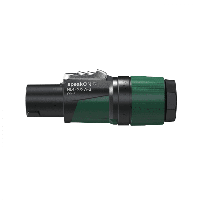 Conector de cable speakON de cuatro polos – S (Carcasa negra/verde – Cables de diámetro pequeño) NL4FXXWS